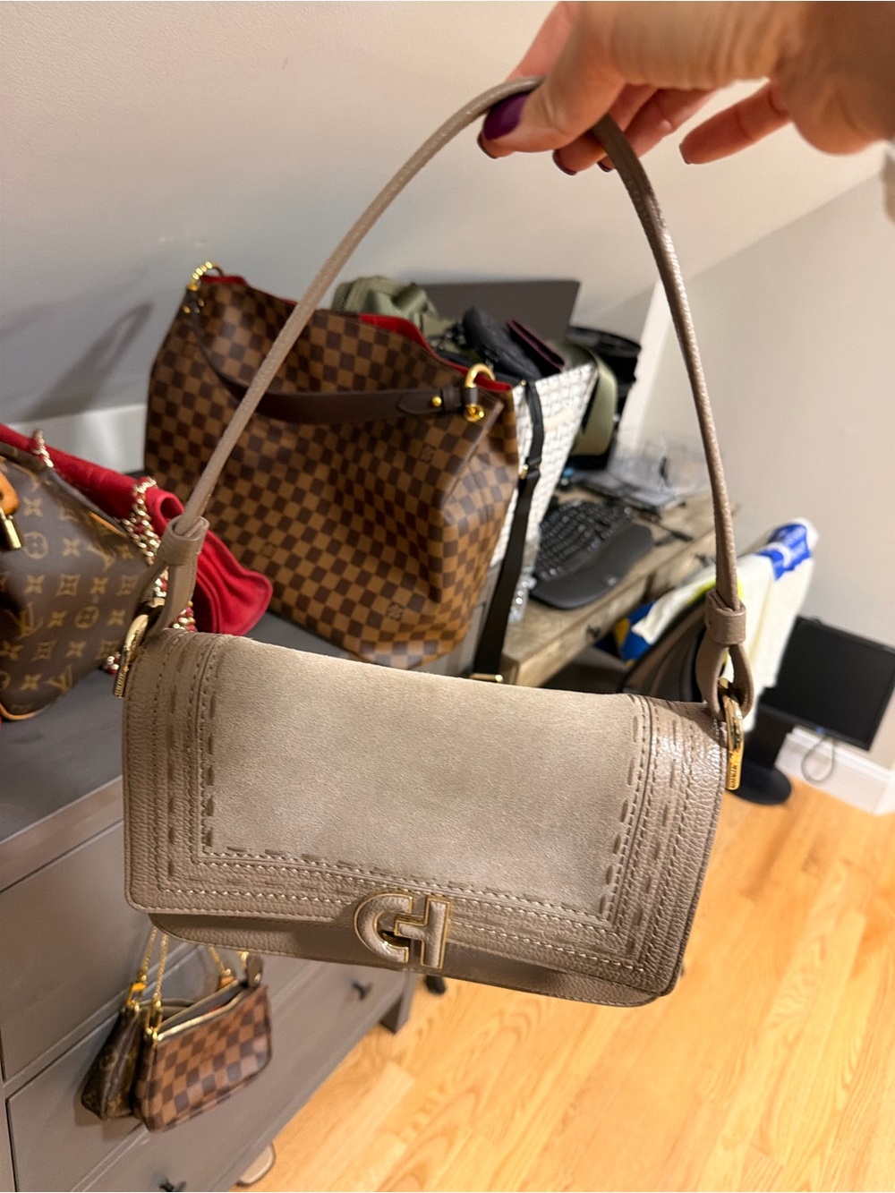 Cole Haan Taupe Leather & Suede Shoulder Bag